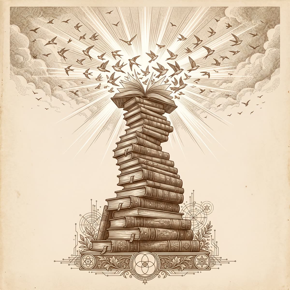 Engraving of a spiral tower of books with birds rising from the pages