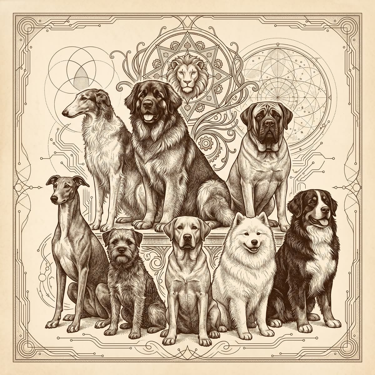 Engraving of a pack of eight dogs in a regal group portrait