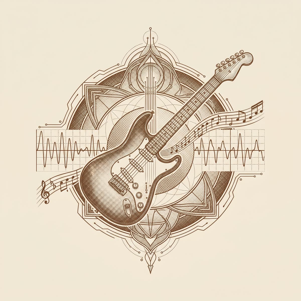 Engraving of an electric guitar with strings becoming waveforms