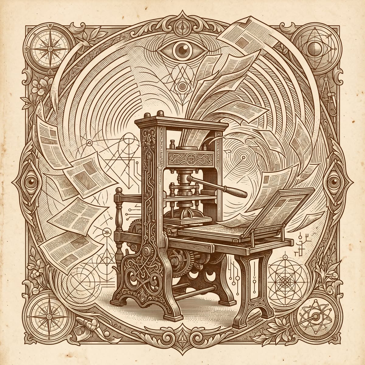 Engraving of an antique printing press with flying newspaper sheets and radio waves