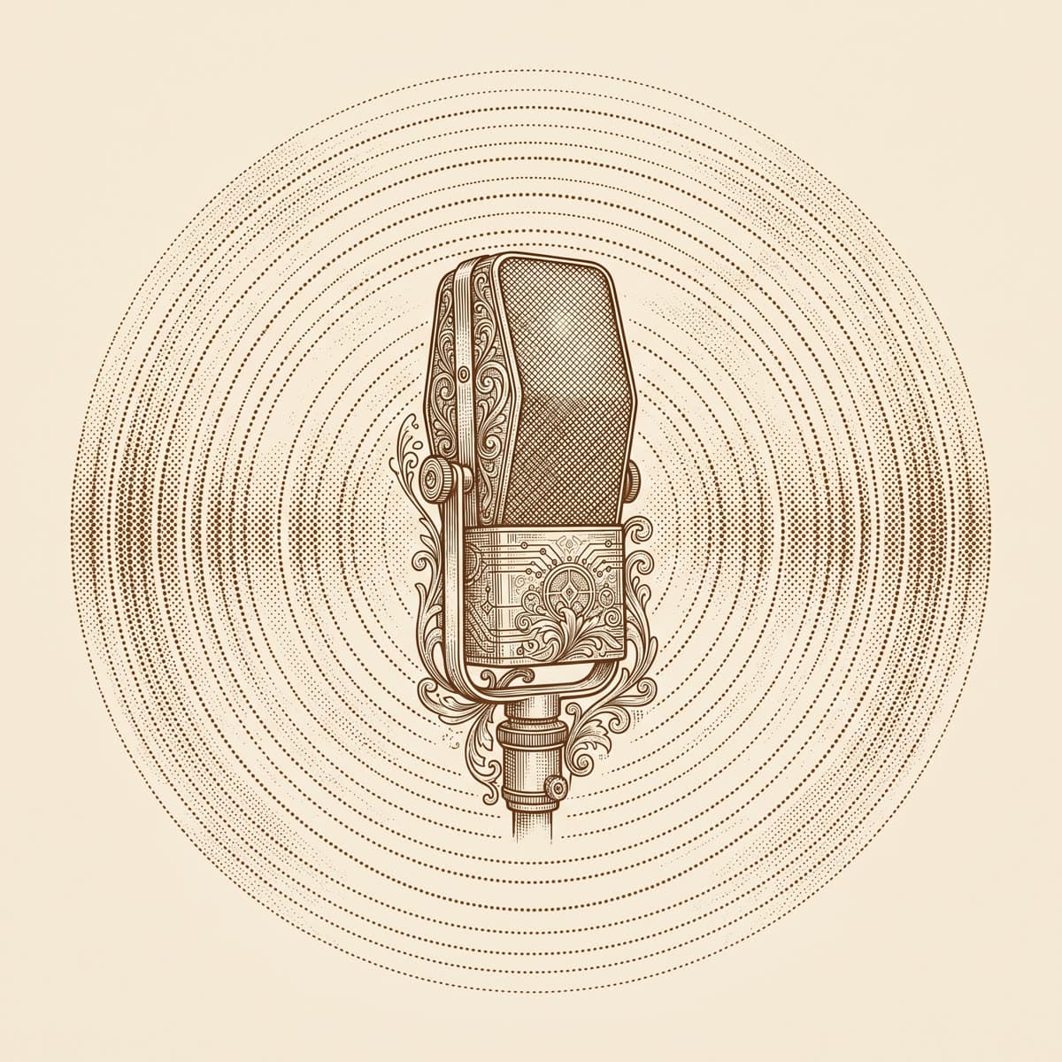 Engraving of a vintage ribbon microphone radiating dotted sound waves