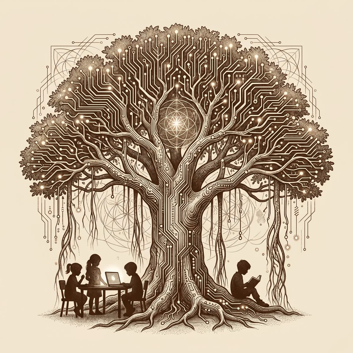 Engraving of a banyan tree with circuit-board branches sheltering children who read and use laptops