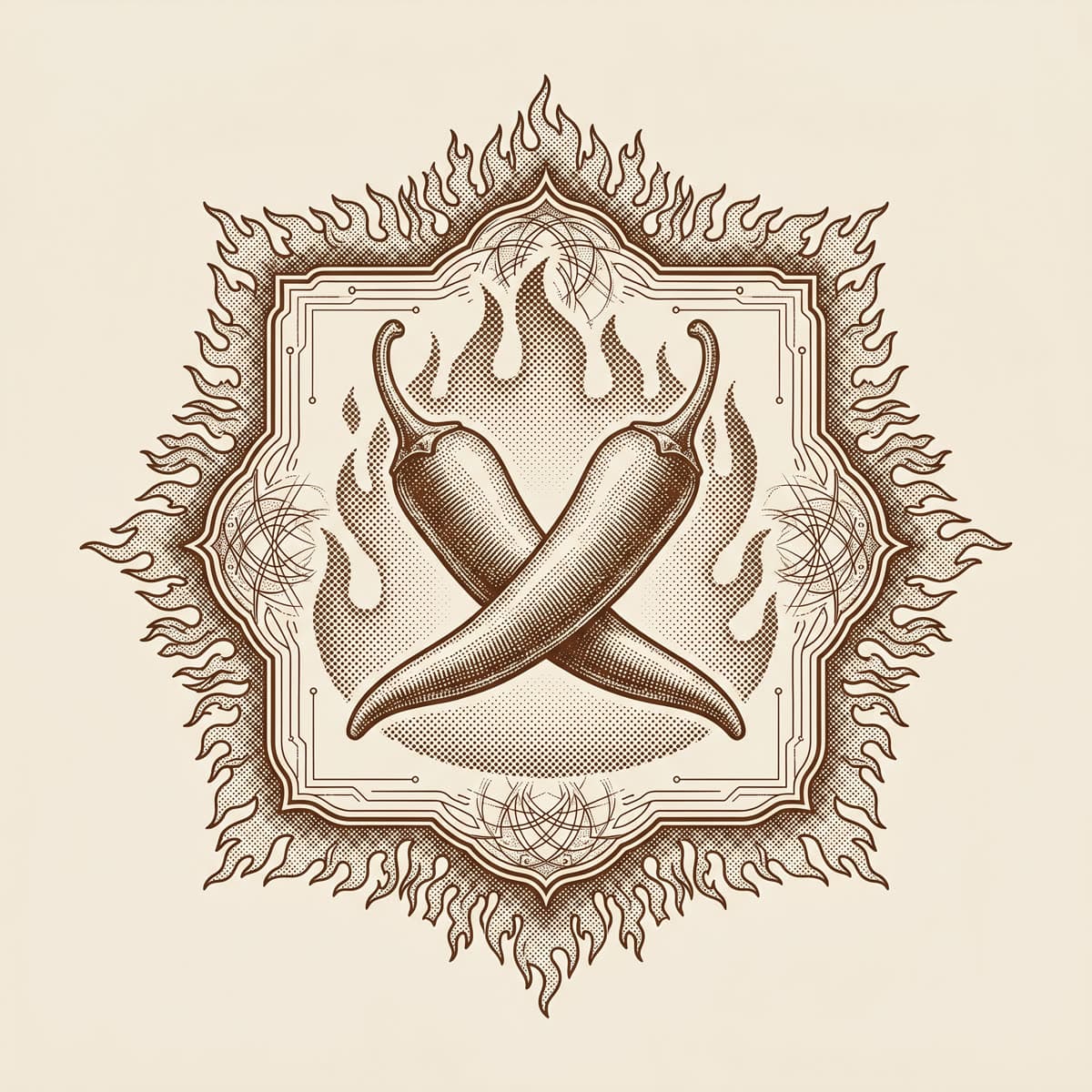 Engraving of two crossed chili peppers with a flame aura