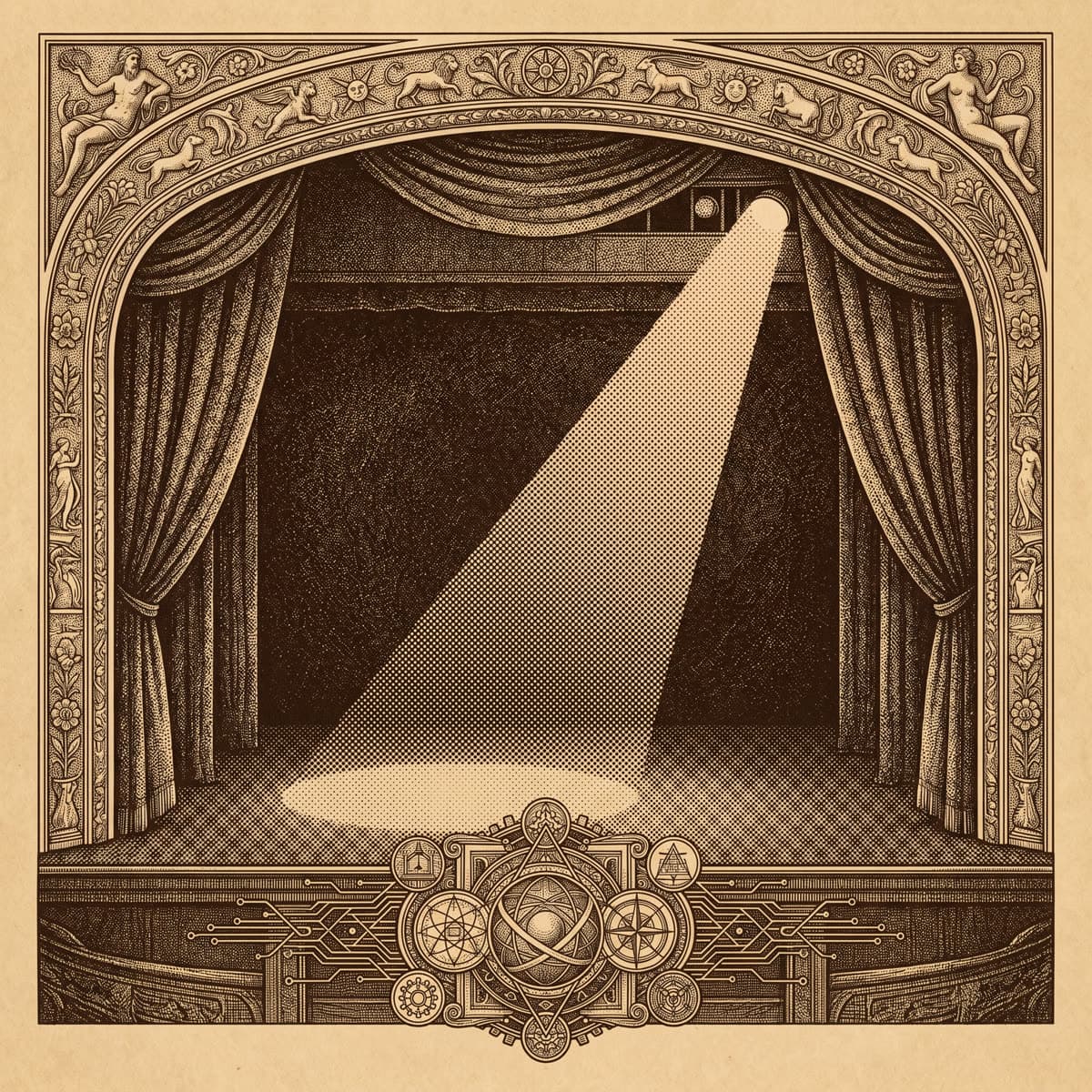 Engraving of a theatre stage with curtains and a spotlight