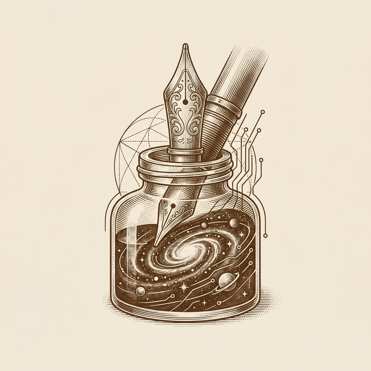 Engraving of a fountain pen and inkwell, ink swirling into a small galaxy