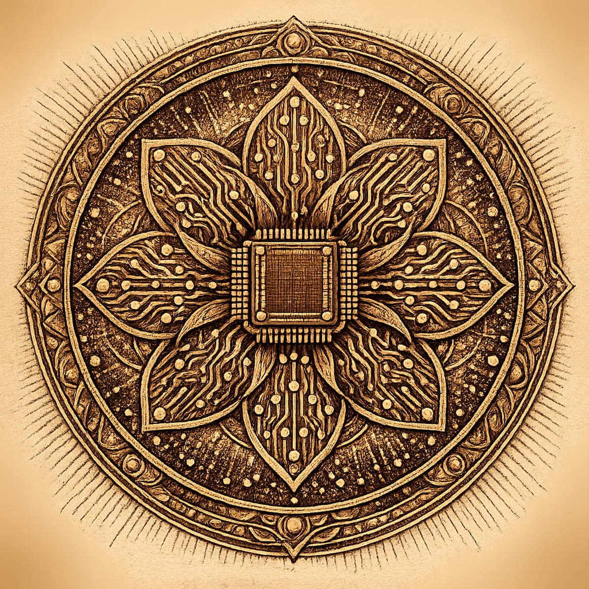 Engraved medallion of technology