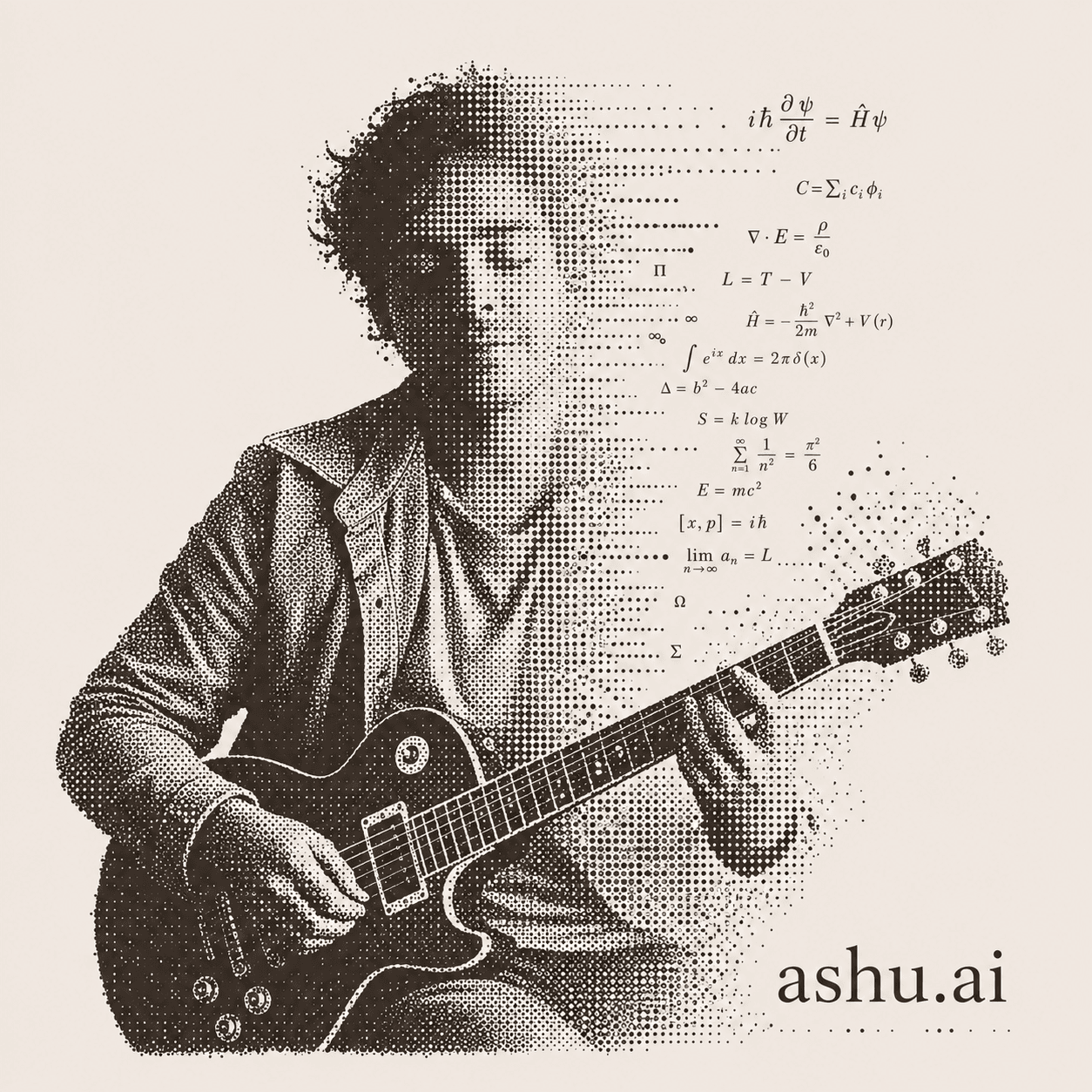 Halftone engraving of Ashutosh playing guitar, dissolving into physics equations